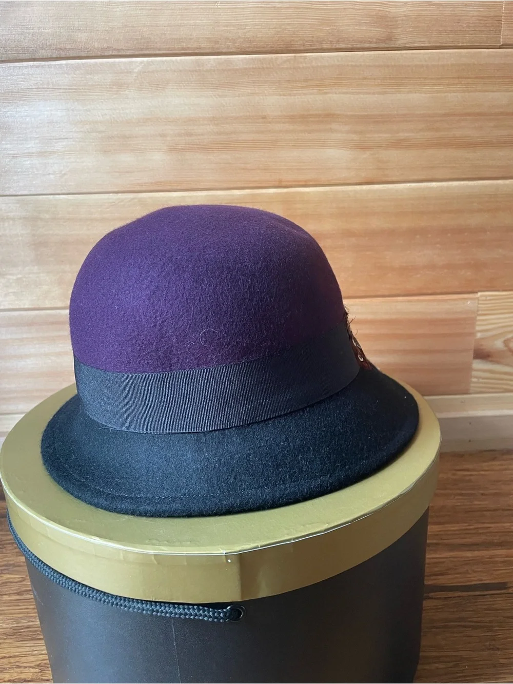 Swan Hat New York Wool Purple and Black Felt Cloche Hat with Feather Trim